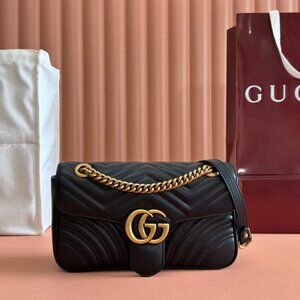 GUCCI Black Leather GG Marmont Shoulder Bag